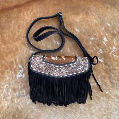 Cowhide Crossbody Bag With Fringes Tooled Lether