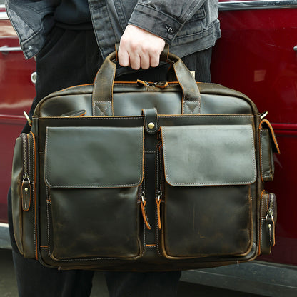 Genuine Leather Office Bag with Trolley Strap
