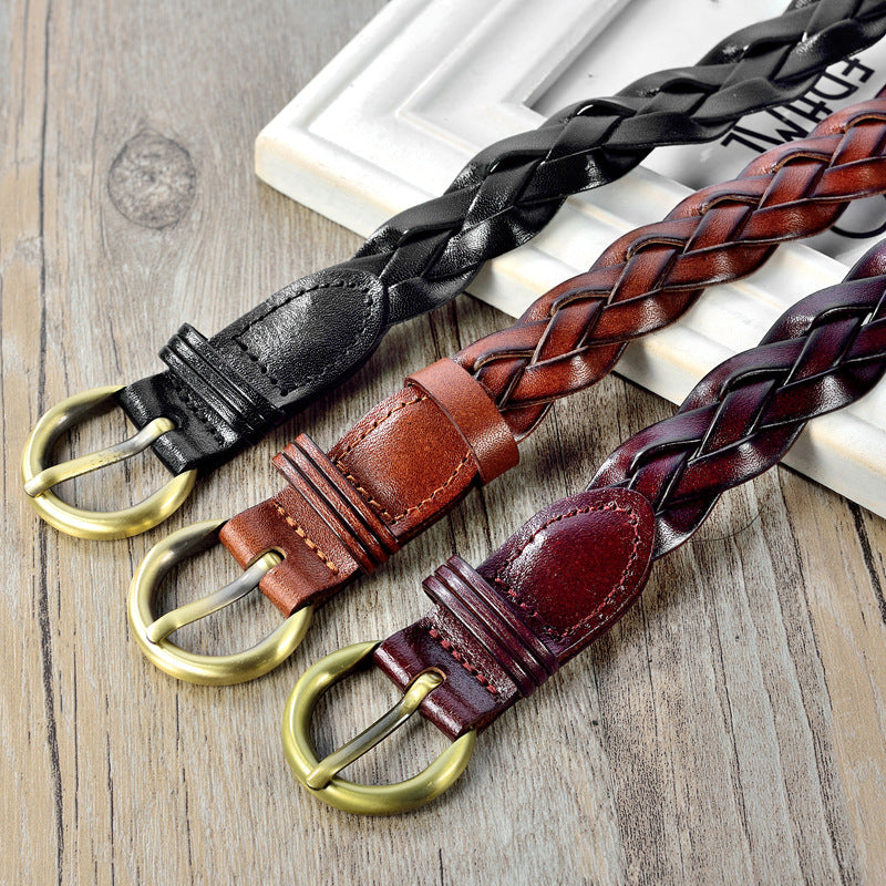 Slim Brown Braided Leather Waist Belt with Gold Buckle