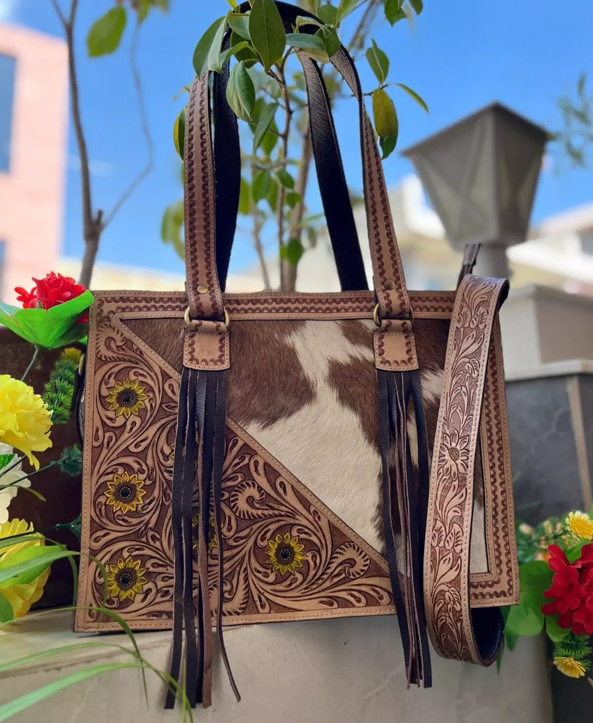 Hand Tooled Leather Cowhide Tote Bag