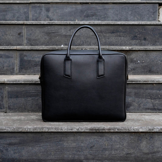 Black Leather Briefcase Bag With Trolley Sleeve