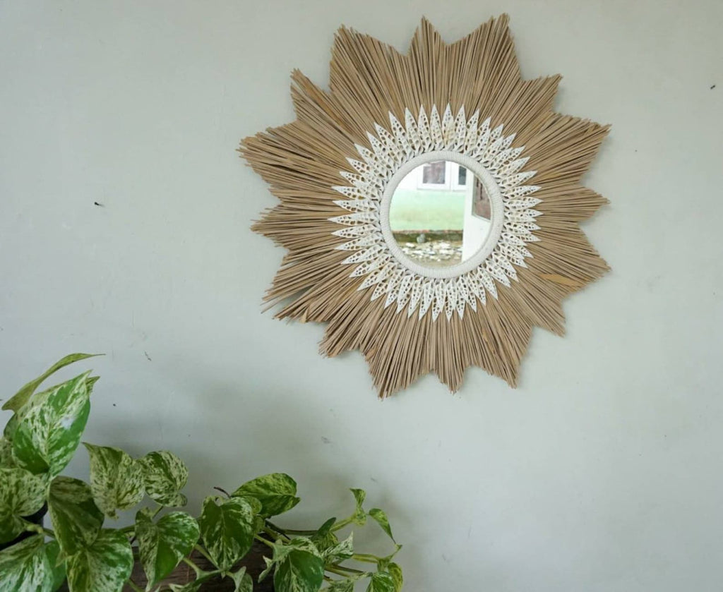 Sunburst shape raffia cowrie sea shells mirror