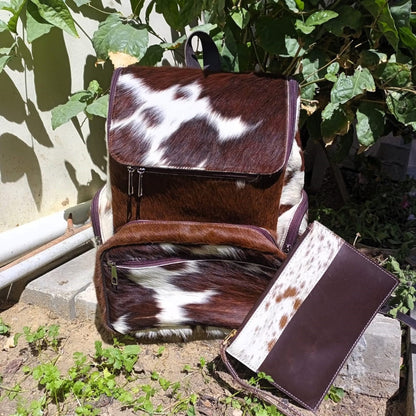 Tricolor Cowhide Backpack With Pouch