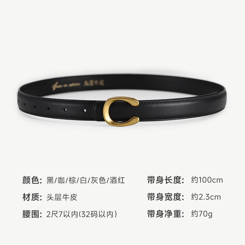 Women’s Black Leather Belt with Slim Gold C Buckle