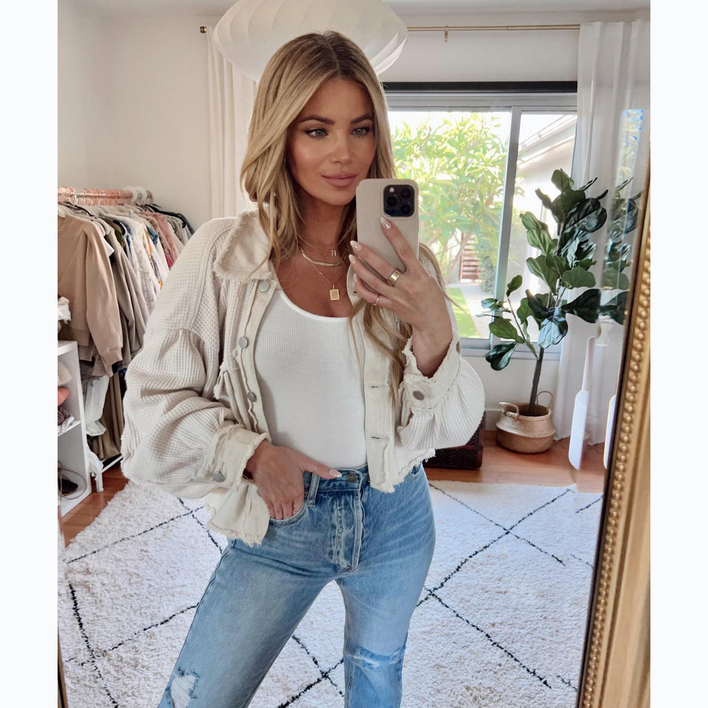 Waffle patchwork washed coat with relaxed fit design