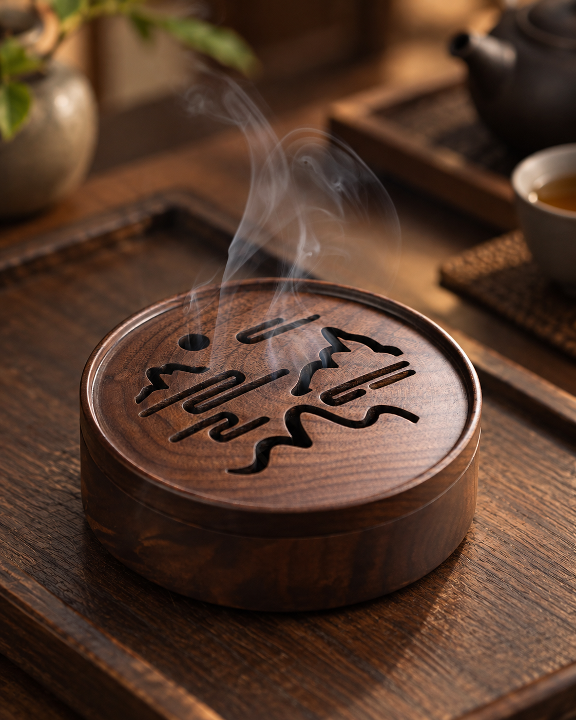 Wooden Incense Burner with Decorative Lid for Coil Use