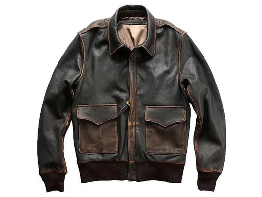 Men's Leather Bomber Jacket with Distressed Details