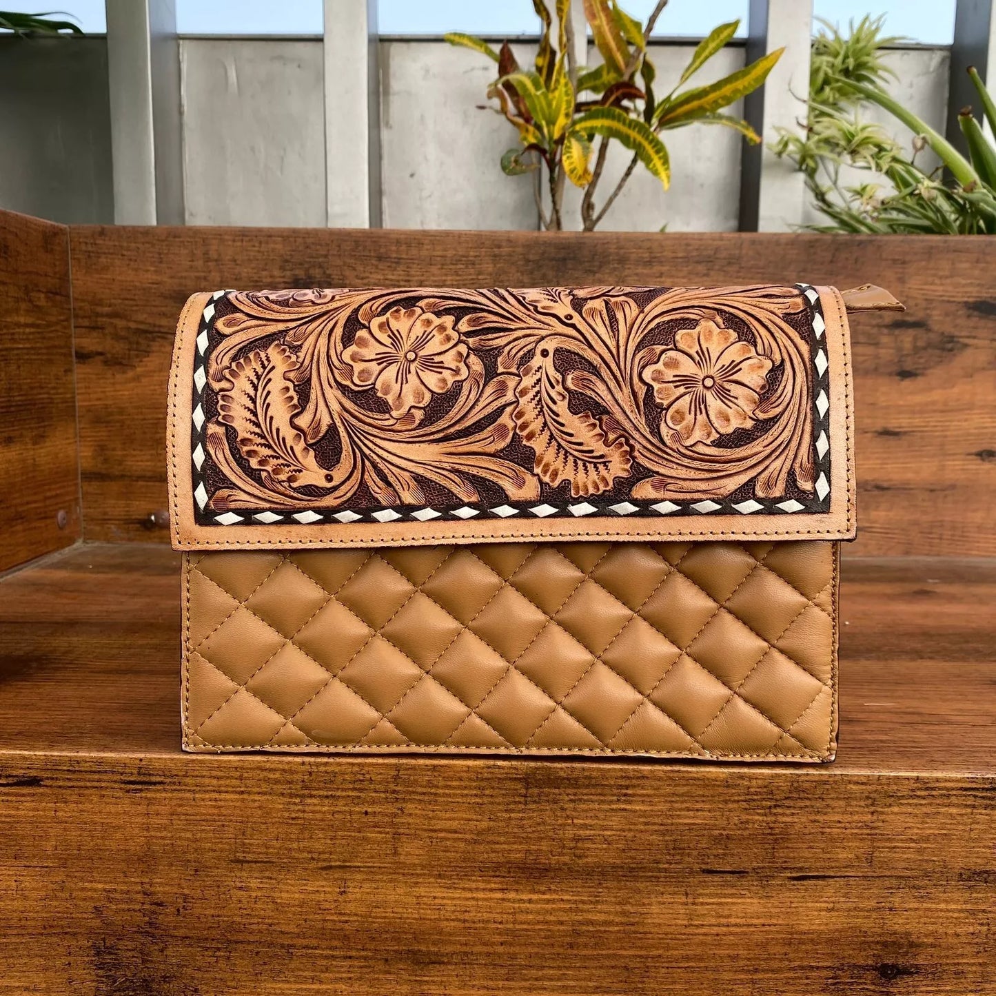 Tooled Quilted Leather Sling Handbag