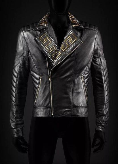 Men's Golden Studded Biker Leather Jacket