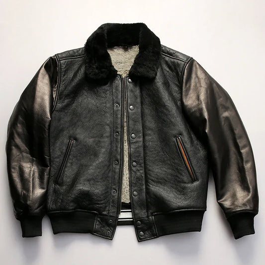 Men’s Black Leather Bomber Jacket with Real Shearling Collar 1 M