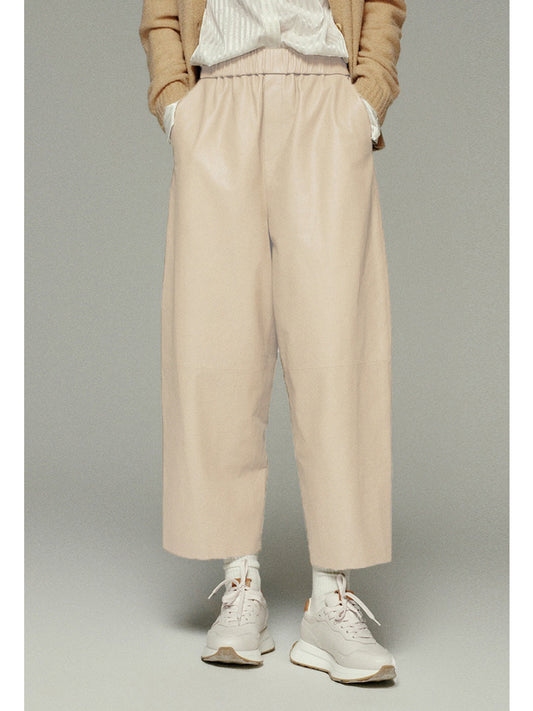 Women Leather Baggy Pants Retro Elastic Waist Loose Fit