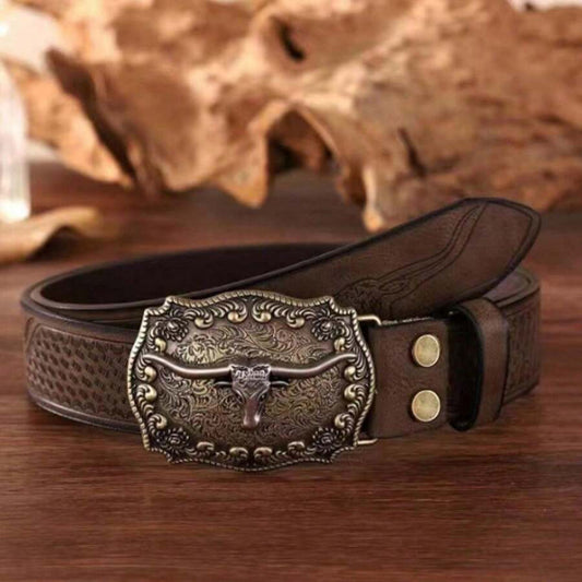 Men’s Western Longhorn Cowboy Leather Belt