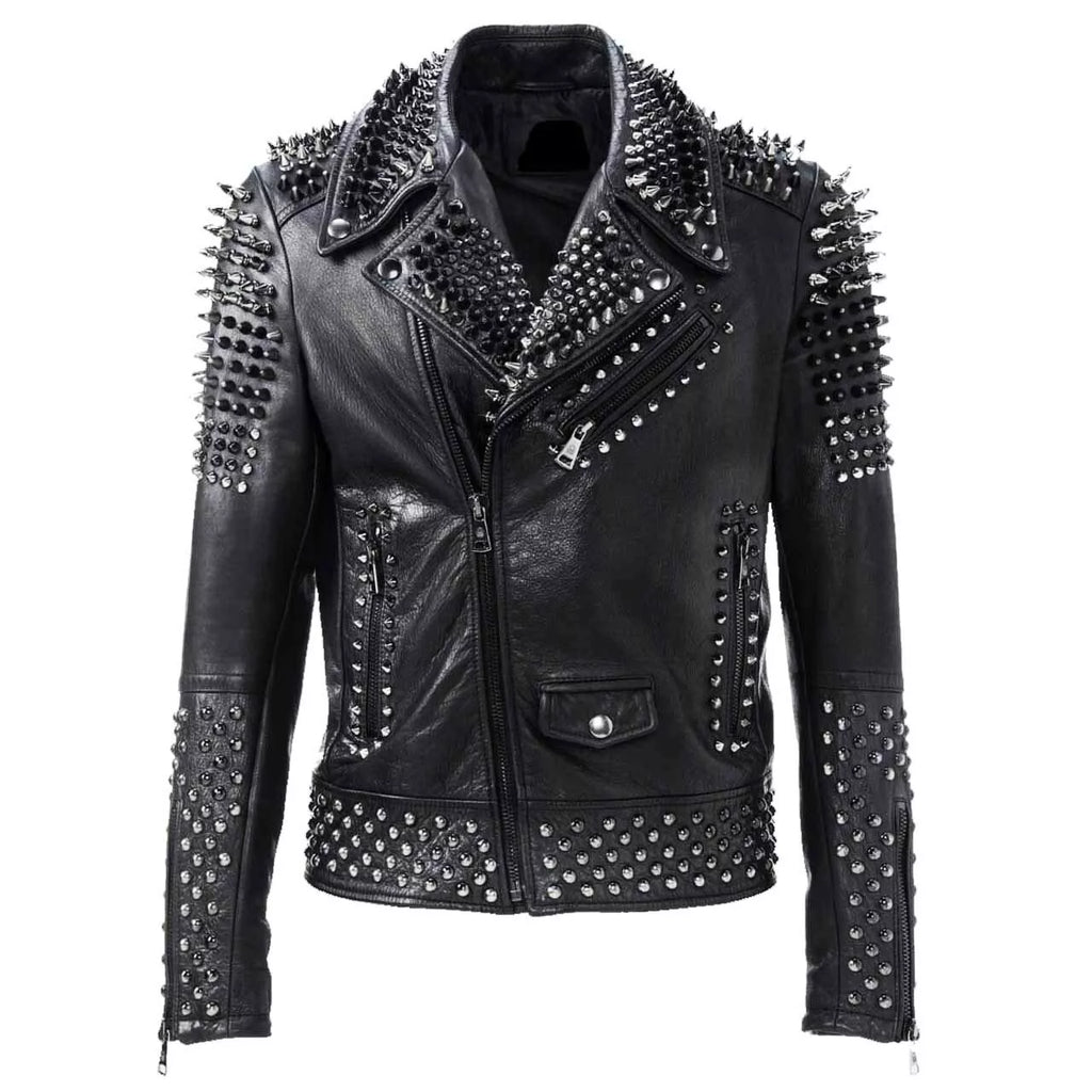 Men's Punk Silver Studded Spiked Motorbike Leather Jacket