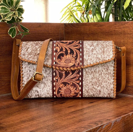 Hand tooled leather cowhide crossbody purse