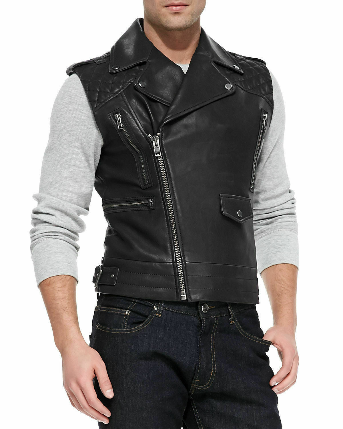 Leather Motorcycle Vest Slim fit Sleeveless Biker Jacket