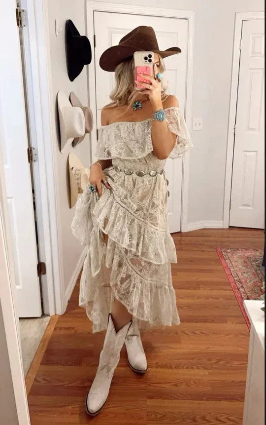 Off shoulder ruffled lace western boho dress