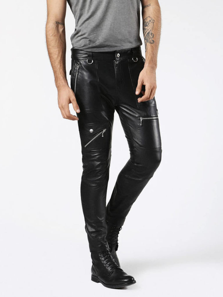 Mens Genuine Leather Biker Pants with Zipper Pockets