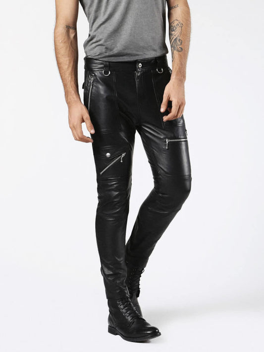 Mens Genuine Leather Biker Pants with Zipper Pockets
