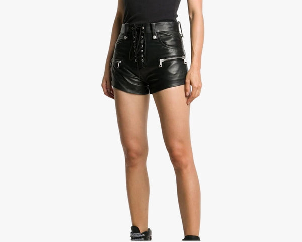Handmade Lace up zip leather shorts