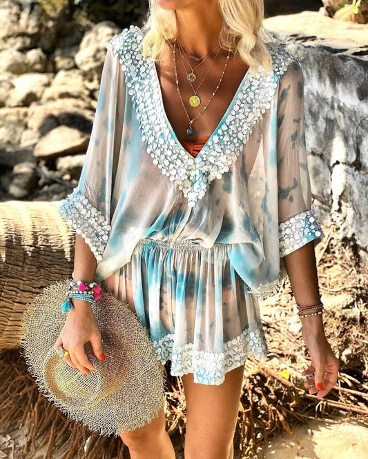 Beachfront boho chiffon v neck romper Blue S