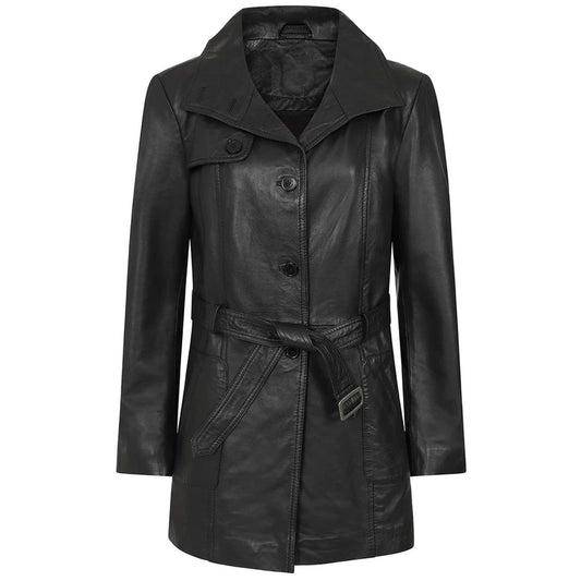 Women Black Leather Genuine Long Coat