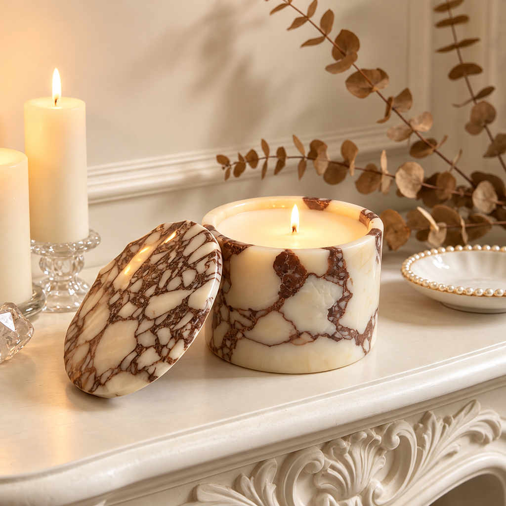 Cream Marble Candle Jar with Removable Lid and Brown Veining