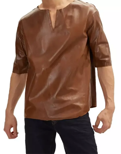 Round Neck Short Sleeve Leather Shirt