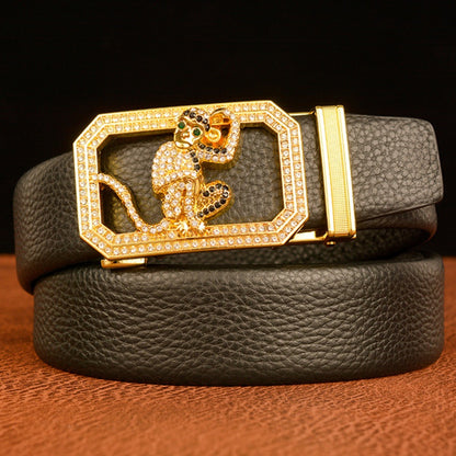Men’s Full-Grain Leather Belt with Monkey Zodiac Gold Buckle