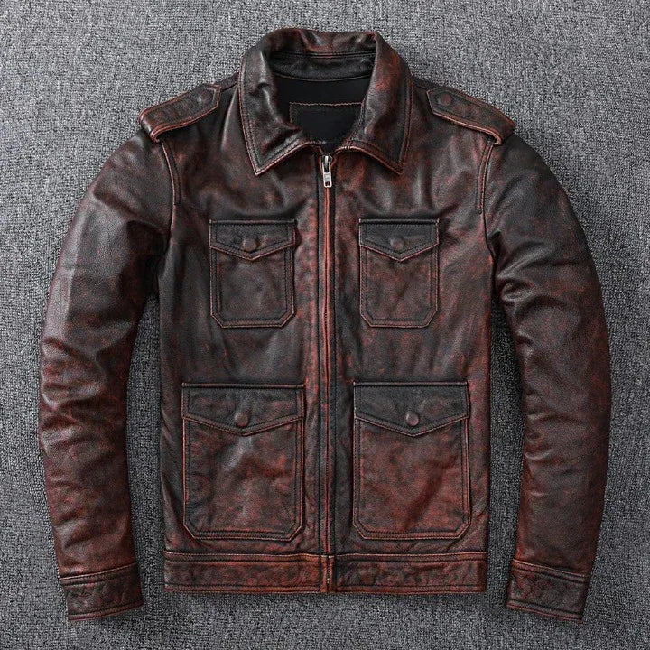 Men’s Distressed Oil Wax Leather Jacket Slim Fit