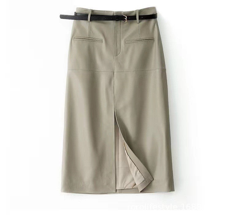Genuine Leather Skirt High Waisted Slim Fit with Front Slit