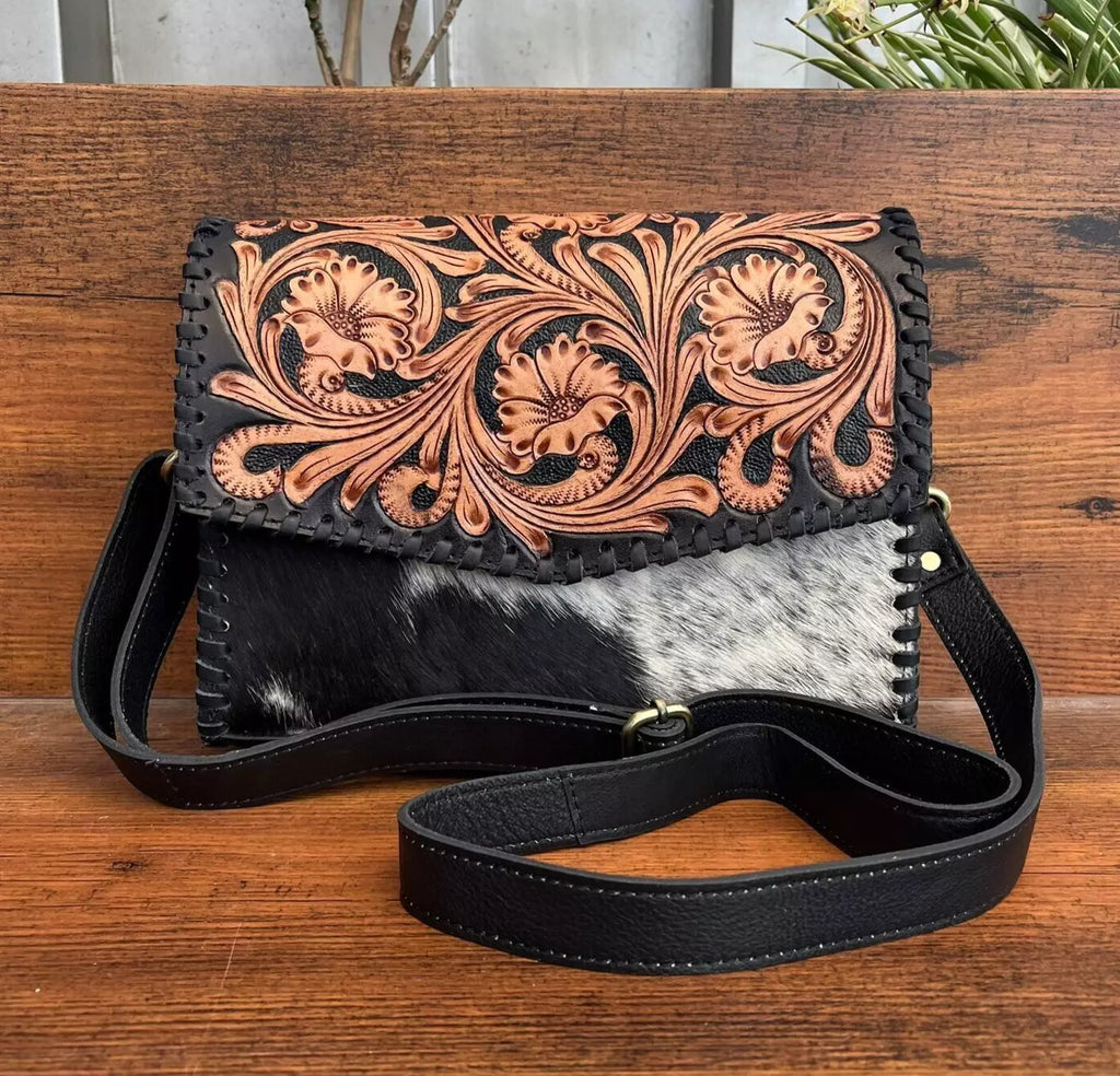 Black White Cowhide Tooled Leather Crossbody Purse