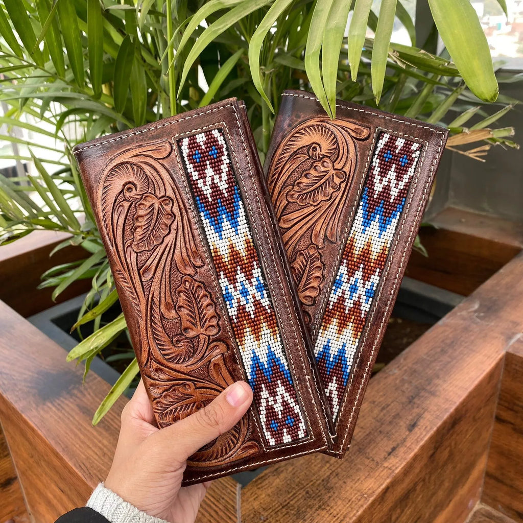 tooled leather long wallet bifold