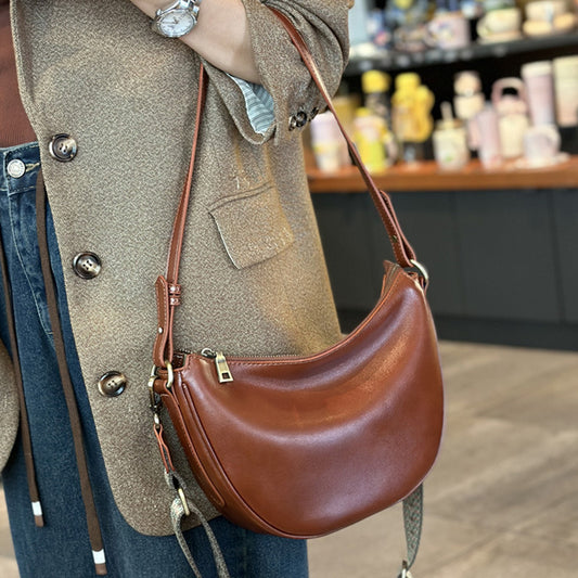 Leather Shoulder Bag Half-Moon Purse with Wide Strap