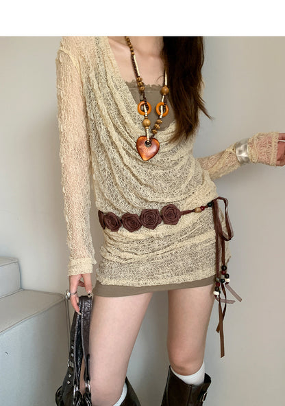 Retro western rivet belt women brown waist chain floral design 1
