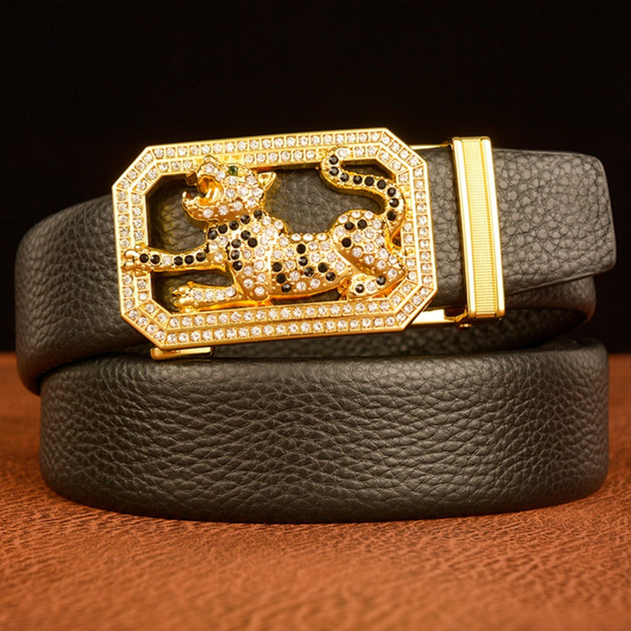 Men’s Full Grain Leather Belt with Rhinestone Leopard Buckle