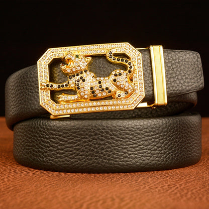 Men’s Full Grain Leather Belt with Rhinestone Leopard Buckle