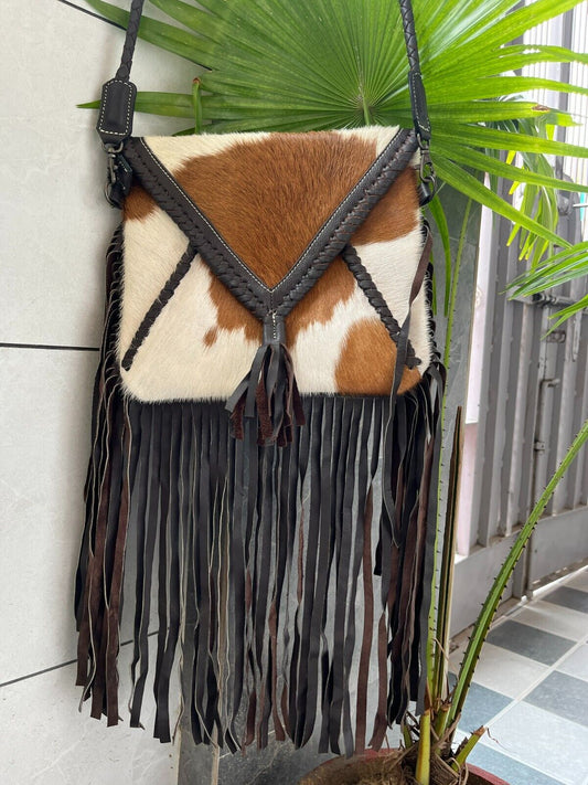 Hair On Cowhide Crossbody Bag With Fringe