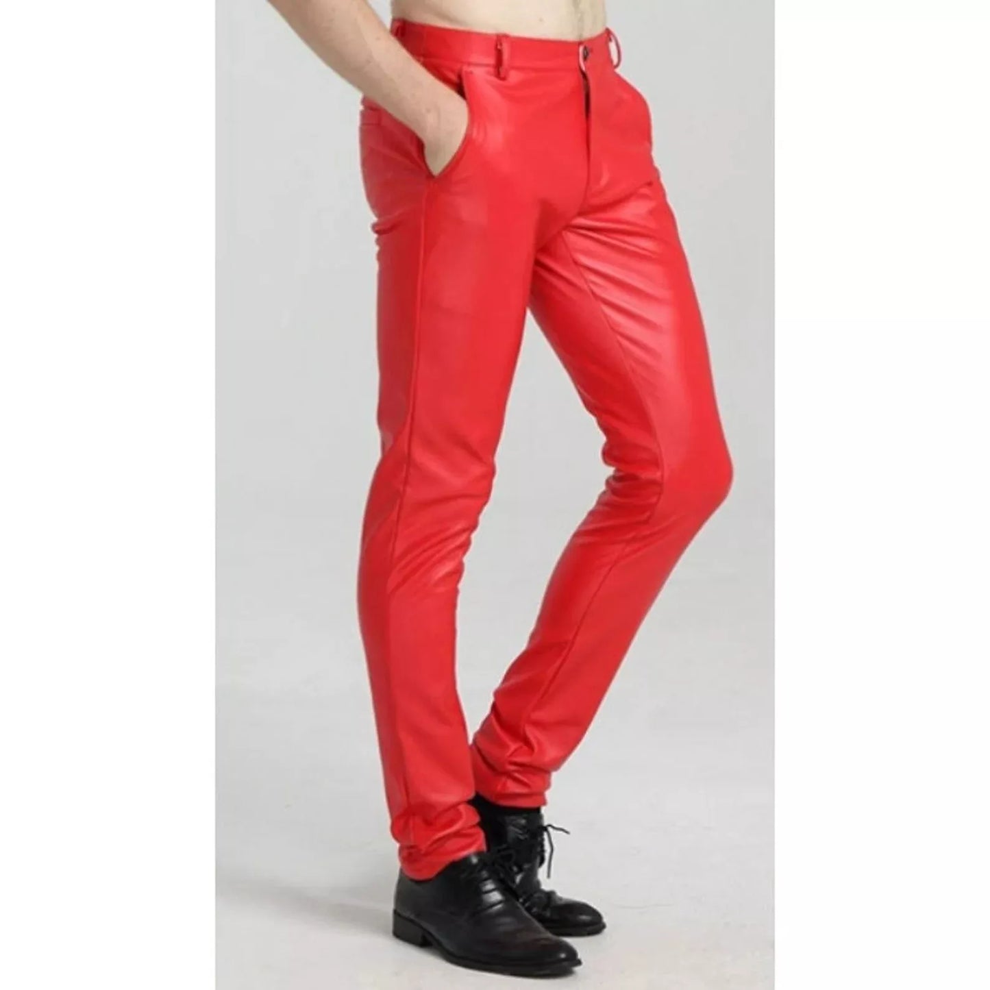 Men's Red Genuine Leather Pants Trouser