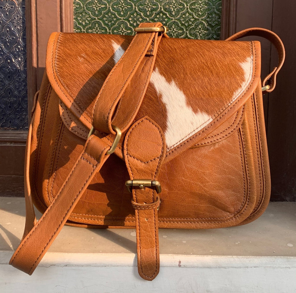 Natural Cowhide Messenger Bag Brown White