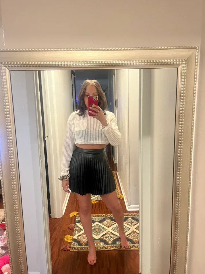 Faux Leather Pleated Mini Skirt with High Waist Fit