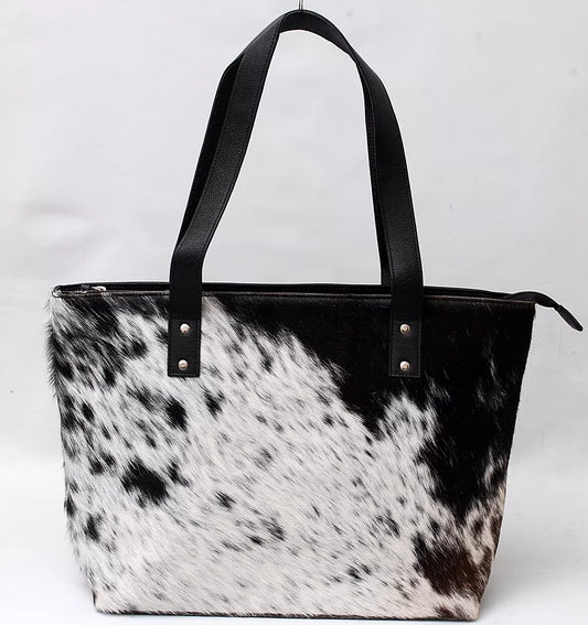 Large Cowhide Tote Handbag Black White