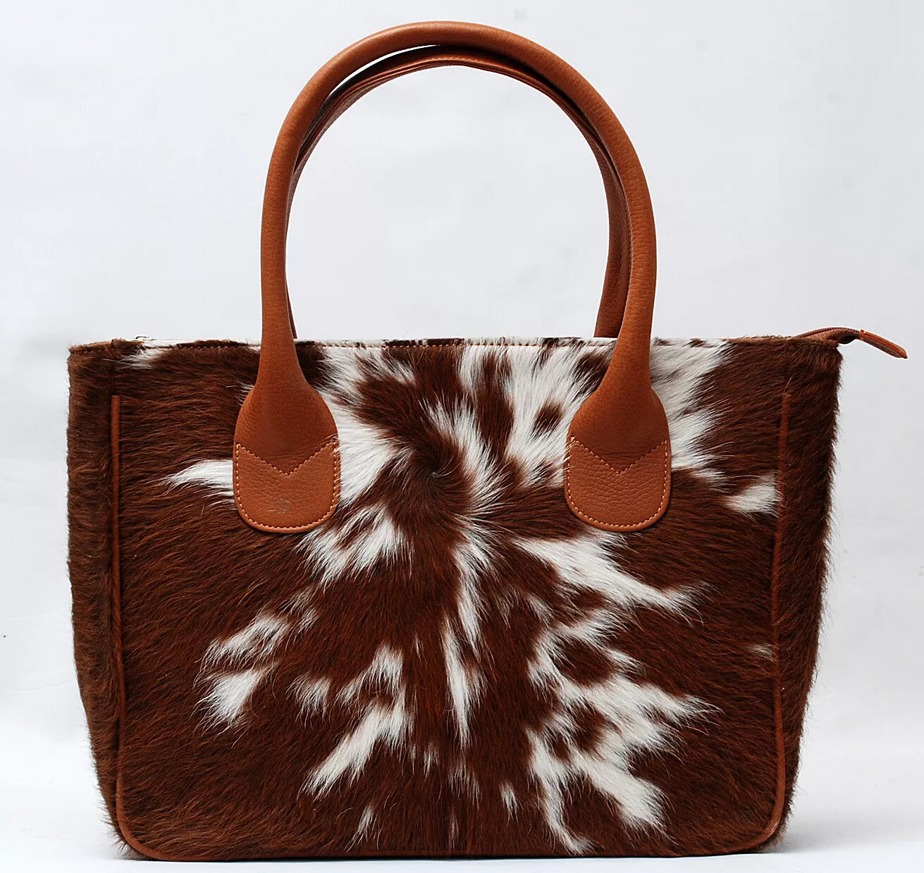 Brown White Leather Cowhide Tote Purse