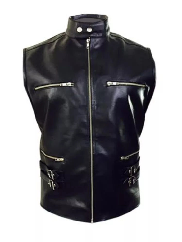 Men's Genuine Black Leather Biker Vest