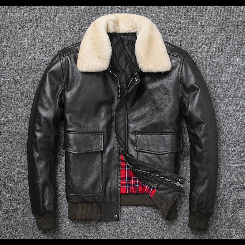 Black Leather Aviator Jacket Mens with Shearling Collar