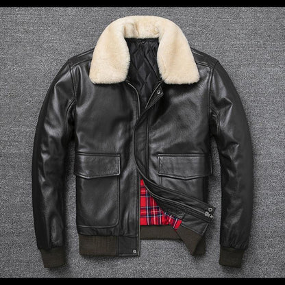 Black Leather Aviator Jacket Mens with Shearling Collar