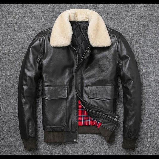 Fur Collar Genuine Leather Jacket For Men