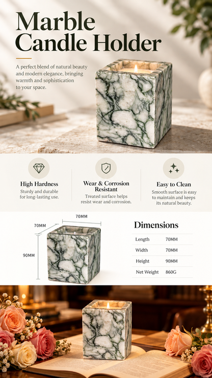Green Veined Natural Marble Candle Holder with Square Open Top