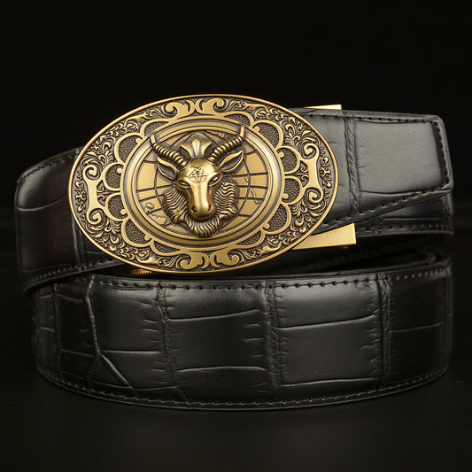 Men’s Western Leather Belt with Ram-Head Buckle