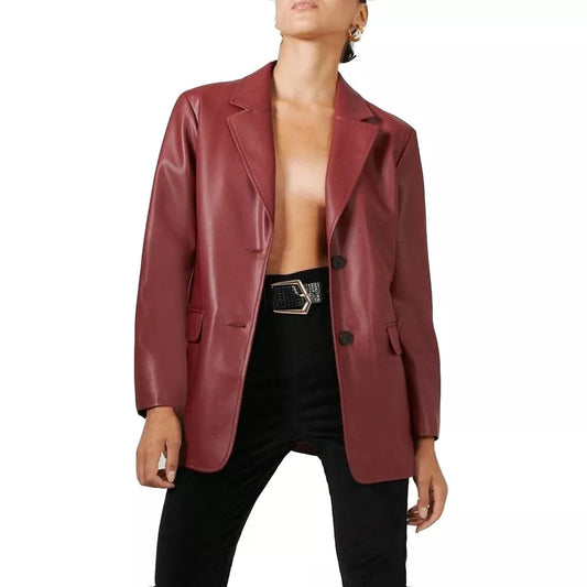 Dark Red Leather Blazer For Women