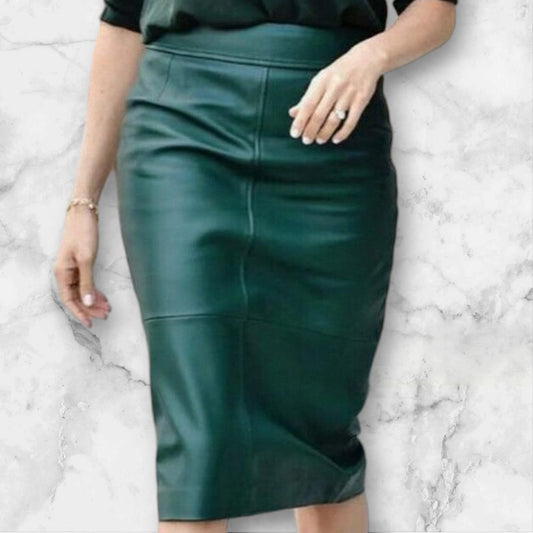 Green Real Leather Knee Length Skirt